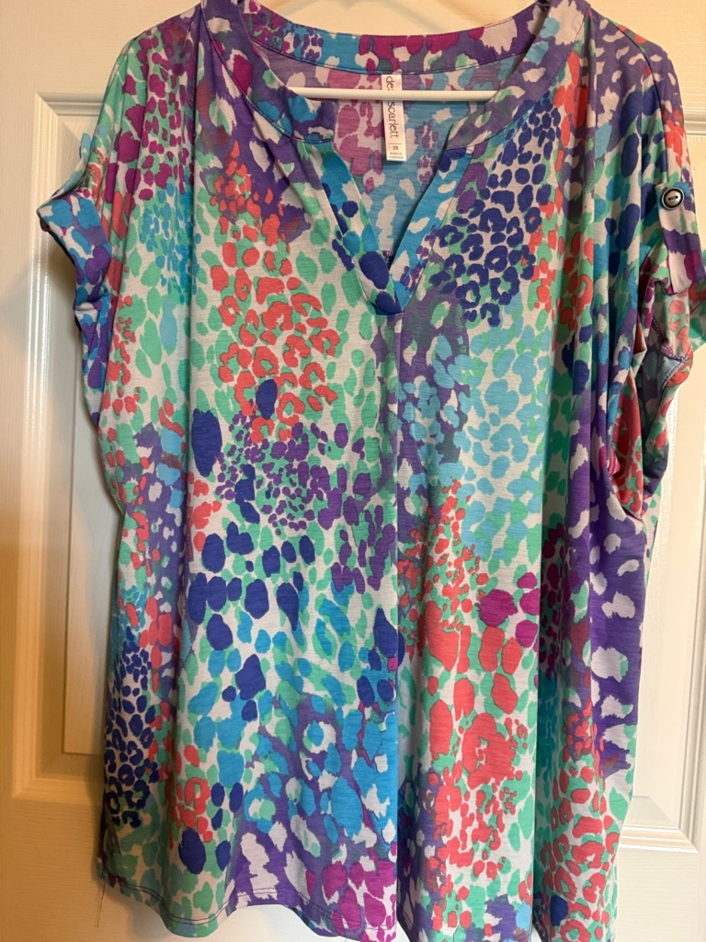 Colorful Printed V-Neck Tunic - Purple Aqua Coral
